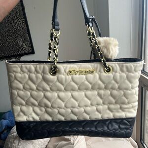 Betsey Johnson Black and Cream Heart Quilted Tote